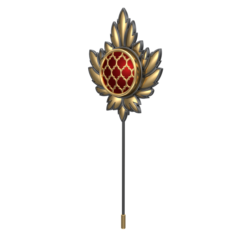 Ornate , Maple Classic Lapel with 18kt Gold & Black Ruthenium Plating and Enamel on Brass.