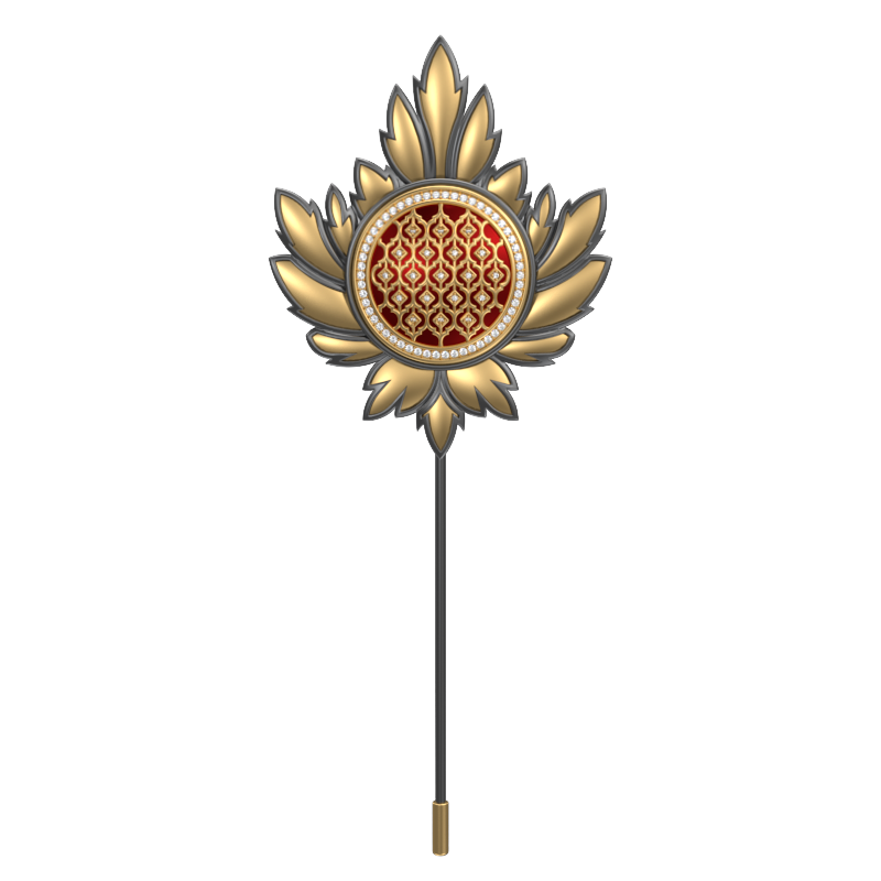 Ornate Luxe, Maple Classic Lapel with CZ Diamonds, 18kt Gold & Black Ruthenium Plating and Enamel on Brass.