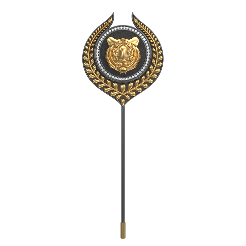 Tiger Luxe, Leaf Wild Lapel with CZ Diamonds, 18kt Gold & Black Ruthenium Plating on Brass.