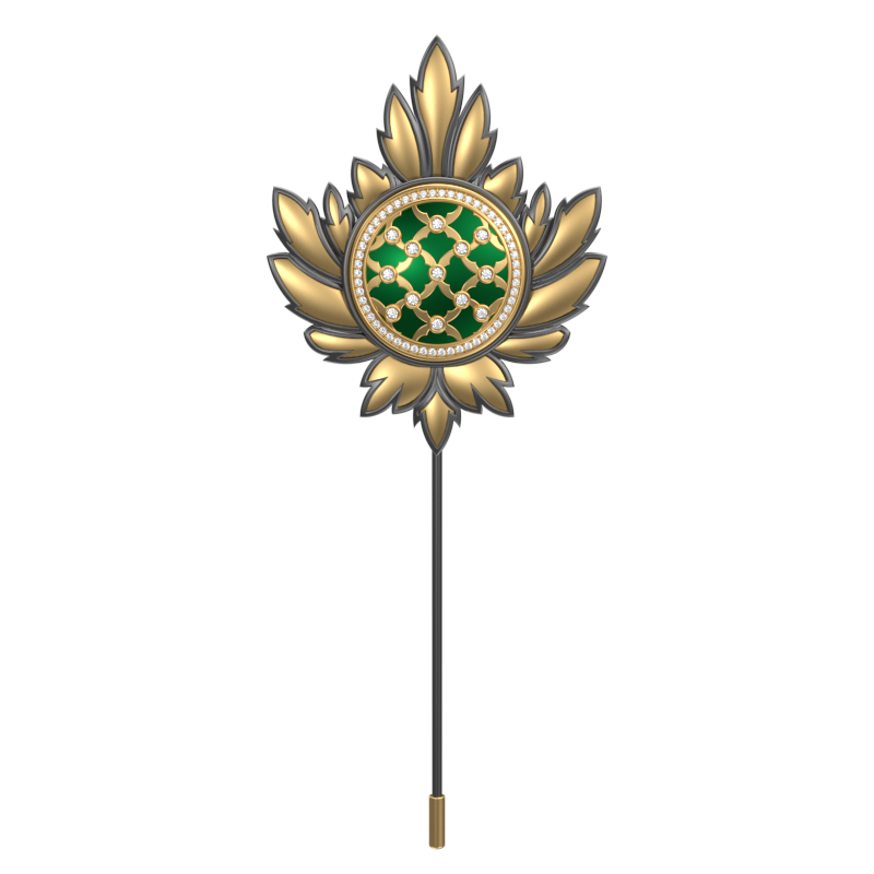 Enchanted Luxe, Maple Classic Lapel with CZ Diamonds, 18kt Gold & Black Ruthenium Plating and Enamel on Brass.