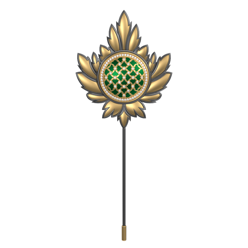 Enchanted Luxe, Maple Classic Lapel with CZ Diamonds, 18kt Gold & Black Ruthenium Plating and Enamel on Brass.