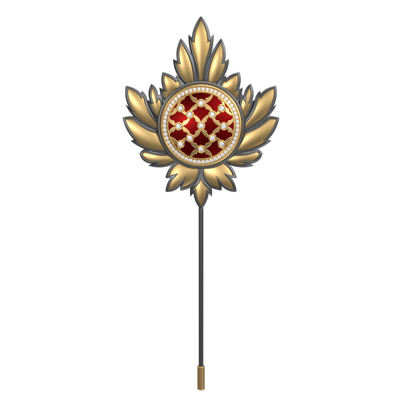 Enchanted Luxe, Maple Classic Lapel with CZ Diamonds, 18kt Gold & Black Ruthenium Plating and Enamel on Brass.