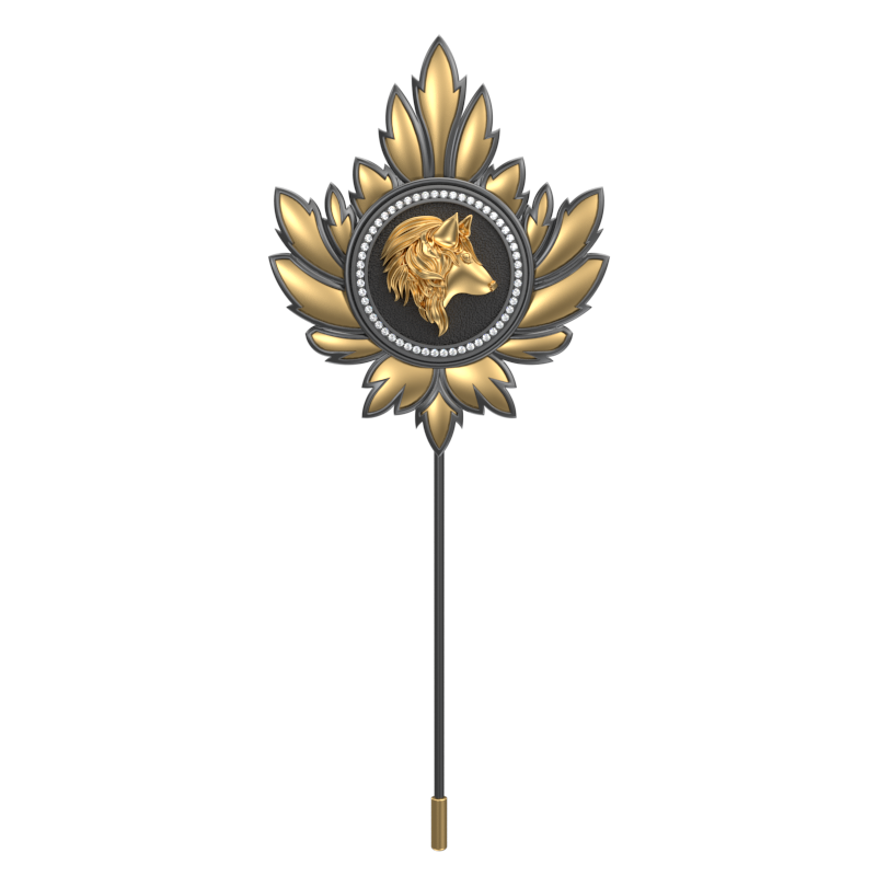 Wolf Luxe, Mapel Wild Lapel with CZ Diamonds, 18kt Gold & Black Ruthenium Plating on Brass.