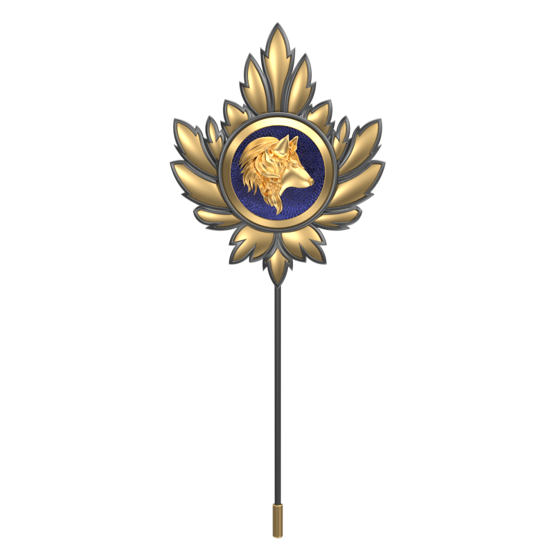 Wolf, Mapel Wild Lapel with 18kt Gold & Black Ruthenium Plating and Enamel on Brass.
