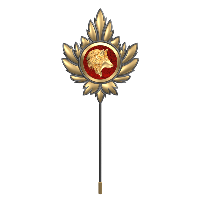 Wolf, Mapel Wild Lapel with 18kt Gold & Black Ruthenium Plating and Enamel on Brass.