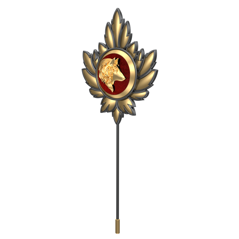 Wolf, Mapel Wild Lapel with 18kt Gold & Black Ruthenium Plating and Enamel on Brass.