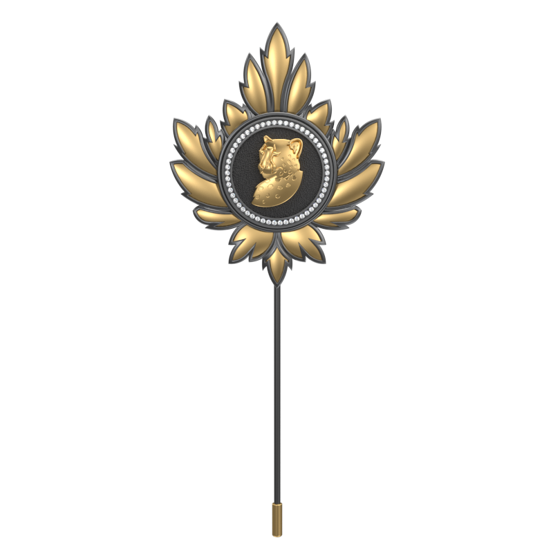 Leopard Luxe, Mapel Wild Lapel with CZ Diamonds, 18kt Gold & Black Ruthenium Plating on Brass.