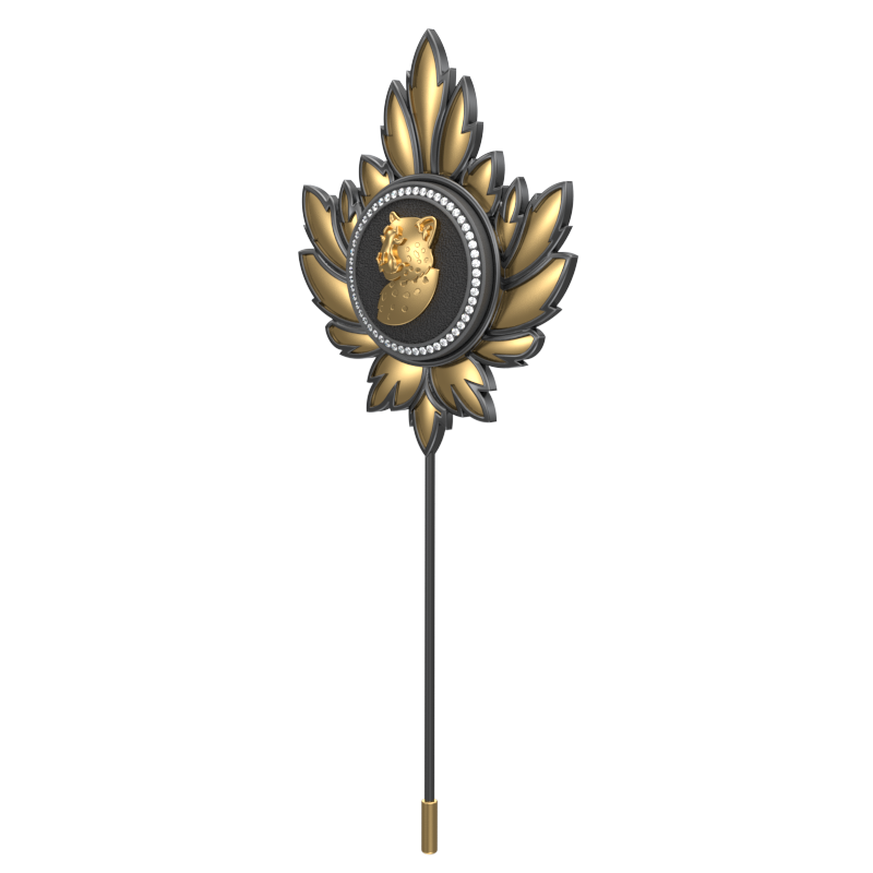 Leopard Luxe, Mapel Wild Lapel with CZ Diamonds, 18kt Gold & Black Ruthenium Plating on Brass.