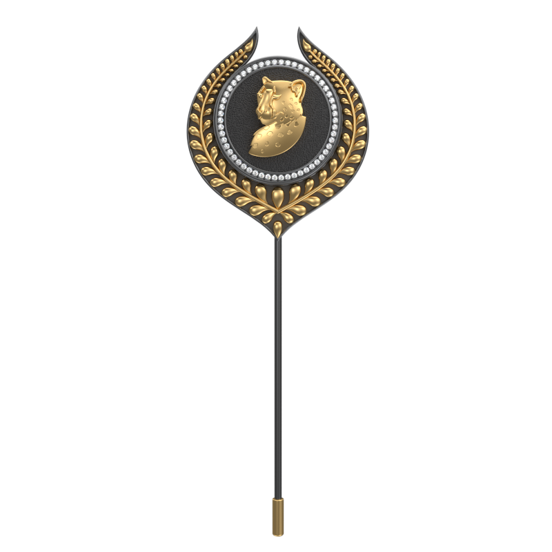 Leopard Luxe, Leaf Wild Lapel with CZ Diamonds, 18kt Gold & Black Ruthenium Plating on Brass.
