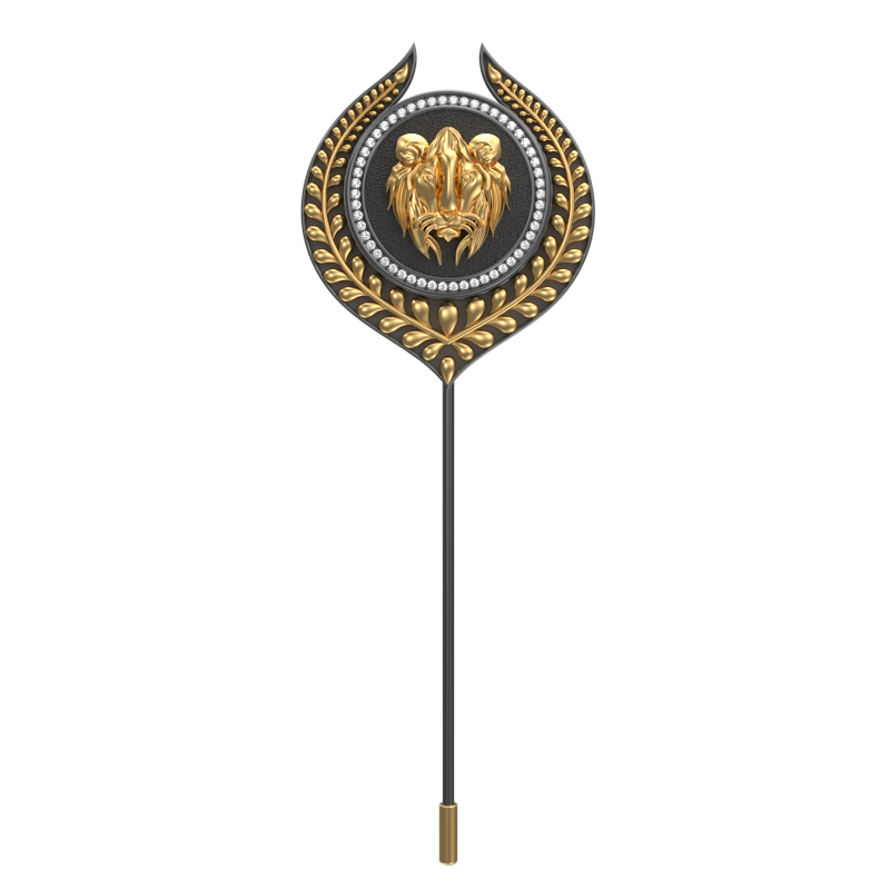 Lion Luxe, Leaf Wild Lapel with CZ Diamonds, 18kt Gold & Black Ruthenium Plating on Brass .