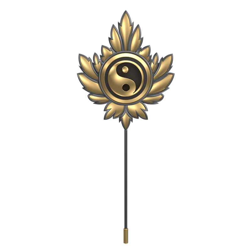 Ying Yang, Maple Spiritual Lapel with 18kt Gold & Black Ruthenium Plating on Brass.