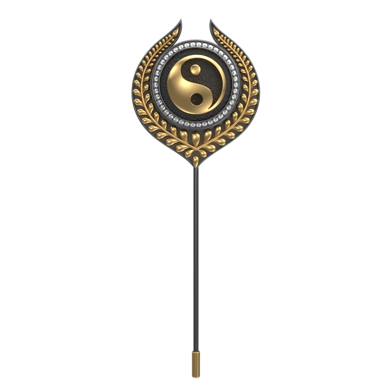 Ying Yang Luxe, Leaf Spiritual Lapel with CZ Diamonds, 18kt Gold & Black Ruthenium Plating on Brass.