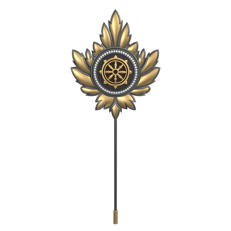 Dharma Luxe, Maple Spiritual Lapel with CZ Diamonds, 18kt Gold & Black Ruthenium Plating on Brass.