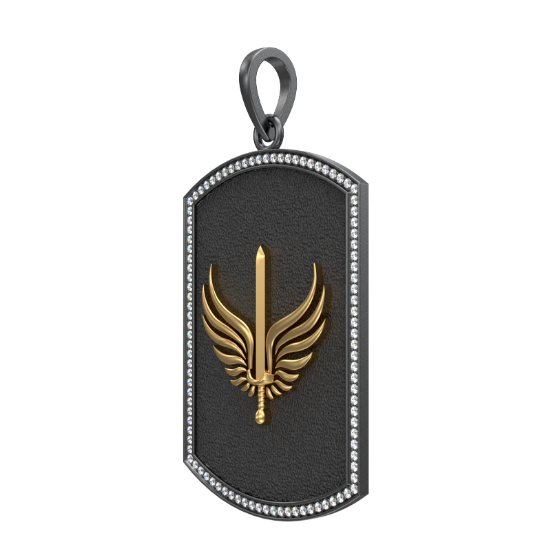 Viking Sword Luxe, Edgy Pendant with CZ Diamonds, 18kt Gold & Black Ruthenium Plating on Brass.