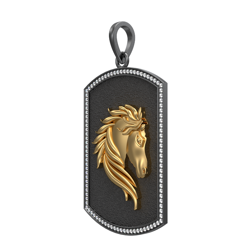 Horse Luxe, Wild Pendant with CZ Diamonds, 18kt Gold & Black Ruthenium Plating on Brass.