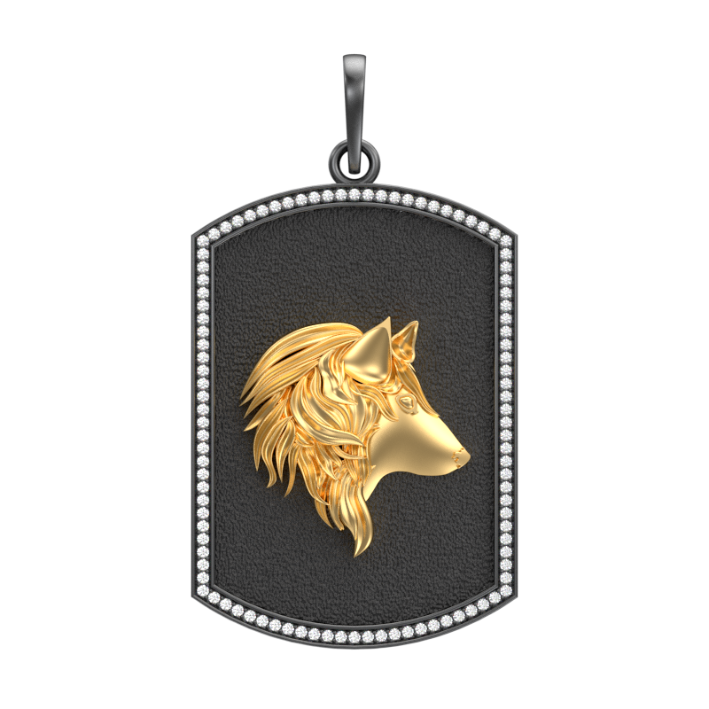 Wolf Luxe, Wild Pendant with CZ Diamonds, 18kt Gold & Black Ruthenium Plating on Brass.
