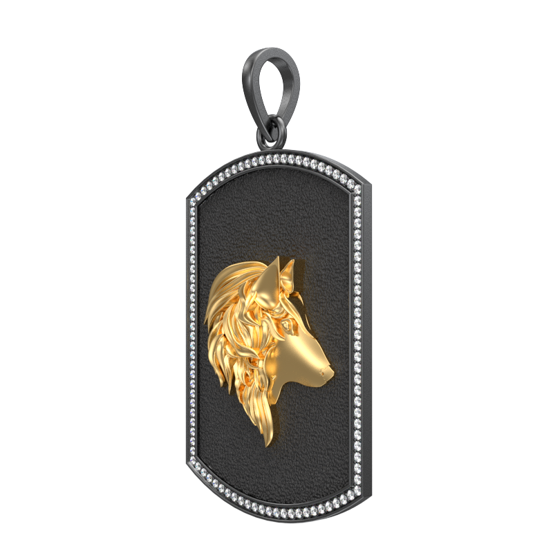 Wolf Luxe, Wild Pendant with CZ Diamonds, 18kt Gold & Black Ruthenium Plating on Brass.