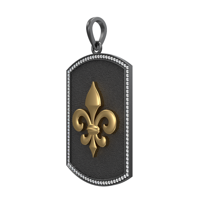 Fleur di lis Luxe, Spiritual Pendant with CZ Diamonds, 18kt Gold & Black Ruthenium Plating on Brass.