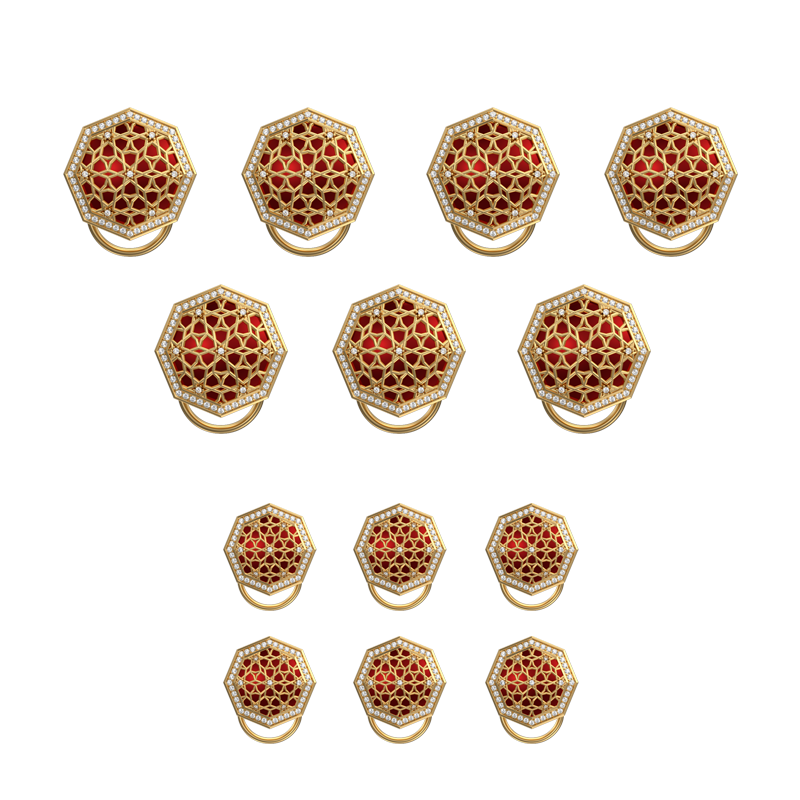 Starburst Luxe, Classic Button Set with CZ Diamonds, 18kt Gold Plating and Enamel on Brass.