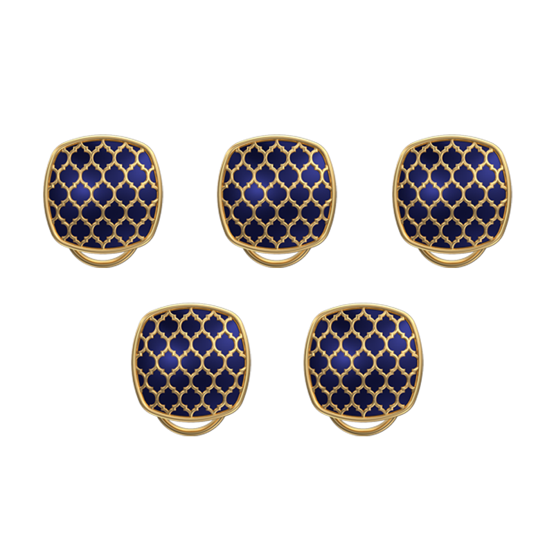 Ornate, Classic Button Set with 18kt Gold Plating and Enamel on Brass.