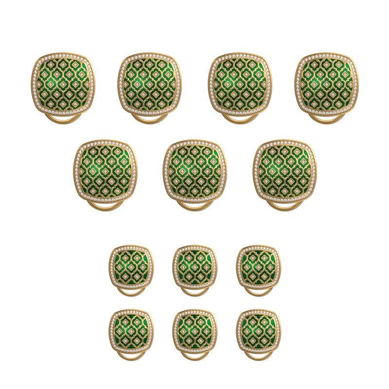Ornate Luxe, Classic Button Set with CZ Diamonds, 18kt Gold Plating and Enamel on Brass.