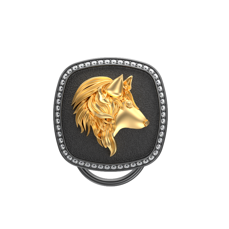Wolf Luxe, Wild Button set with CZ Diamonds, 18kt Gold & Black Ruthenium Plating on Brass.