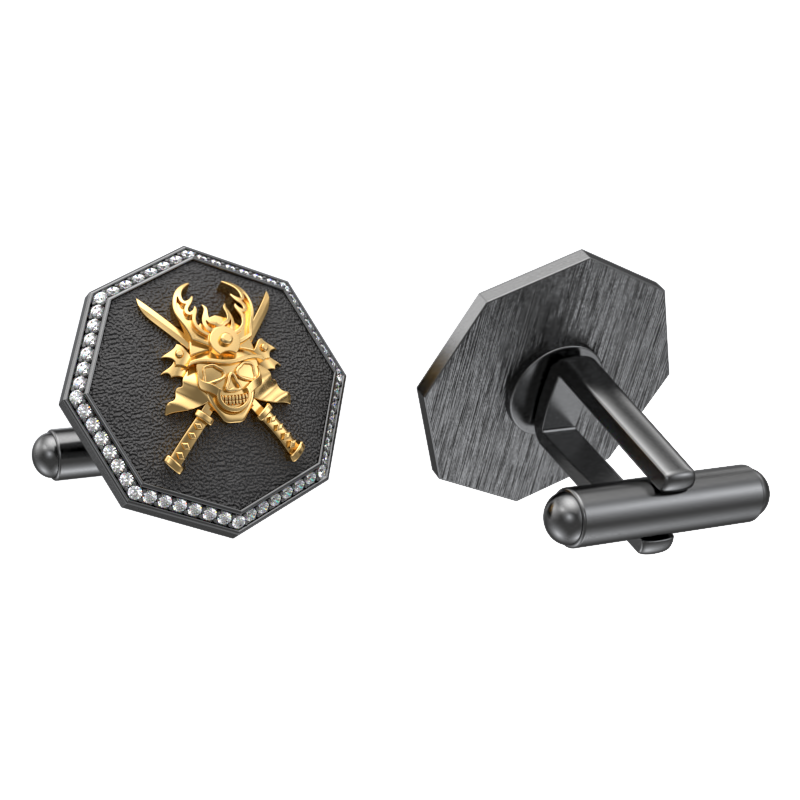 Skull King Luxe, Edgy Cufflink Set with CZ Diamonds, 18kt Gold & Black Ruthenium Plating on Brass.