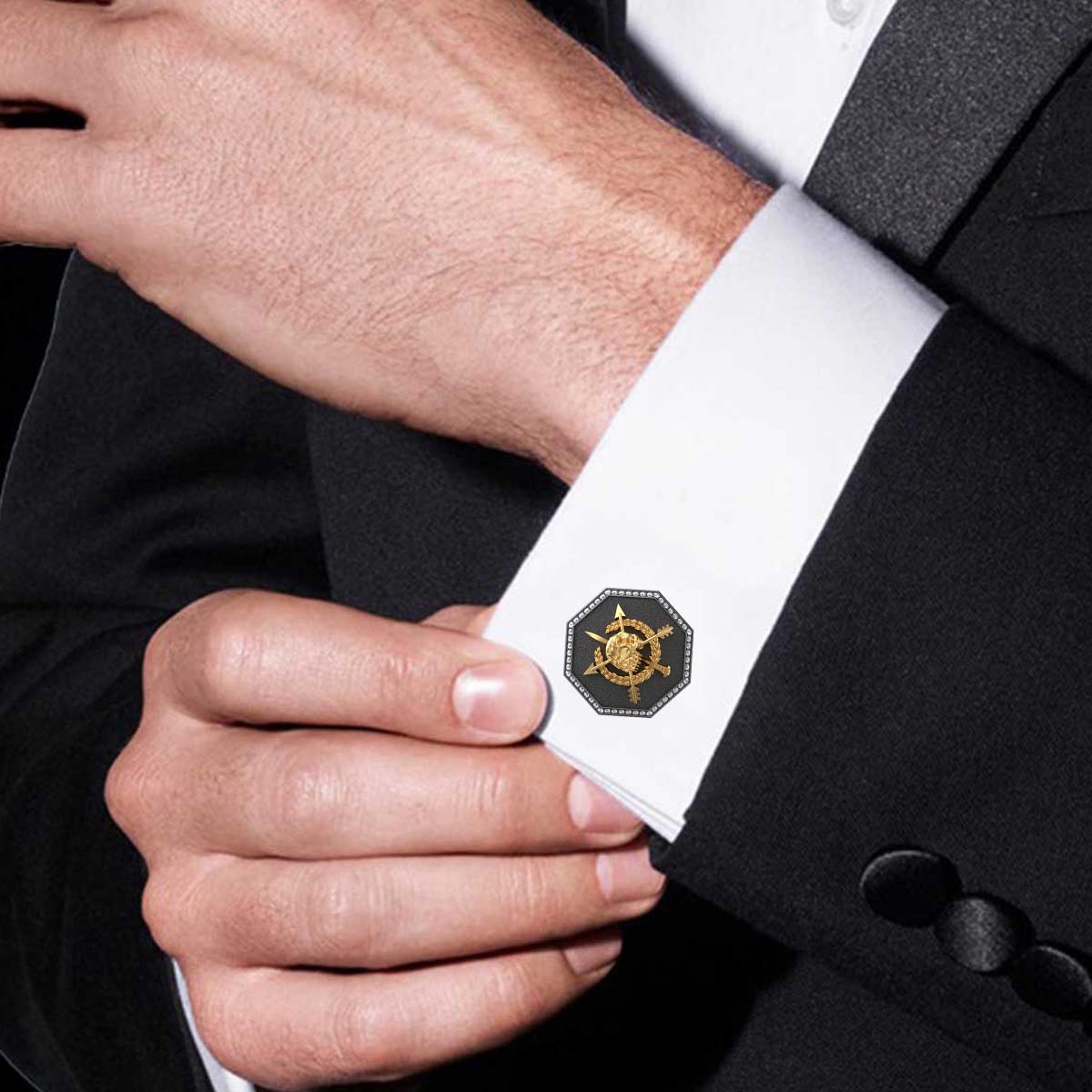 Pirate Luxe, Edgy Cufflink Set with CZ Diamonds, 18kt Gold & Black Ruthenium Plating on Brass.