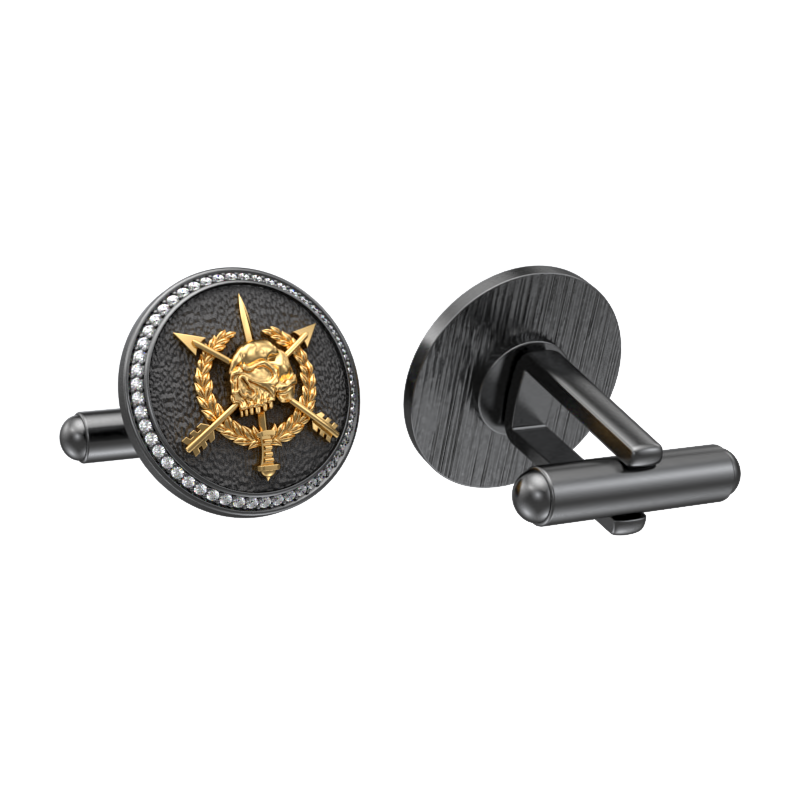 Pirate Luxe, Edgy Cufflink Set with CZ Diamonds, 18kt Gold & Black Ruthenium Plating on Brass.