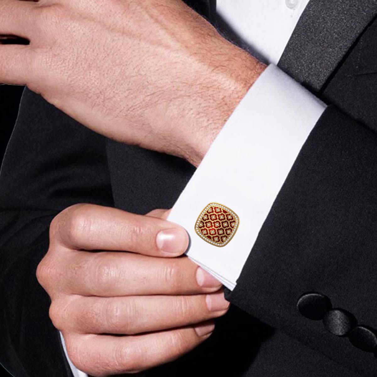 Ornate Luxe, Classic Cufflink Set with CZ Diamonds, 18kt Gold Plating and Enamel on Brass.