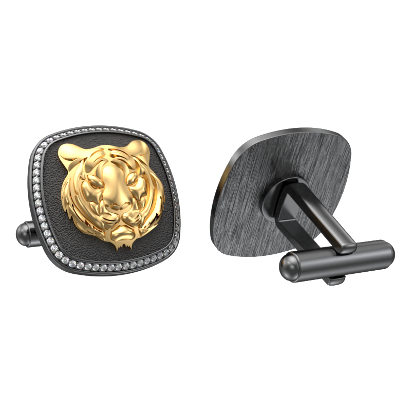 Tiger Luxe, Wild Cufflink Set with CZ Diamonds, 18kt Gold & Black Ruthenium Plating on Brass.