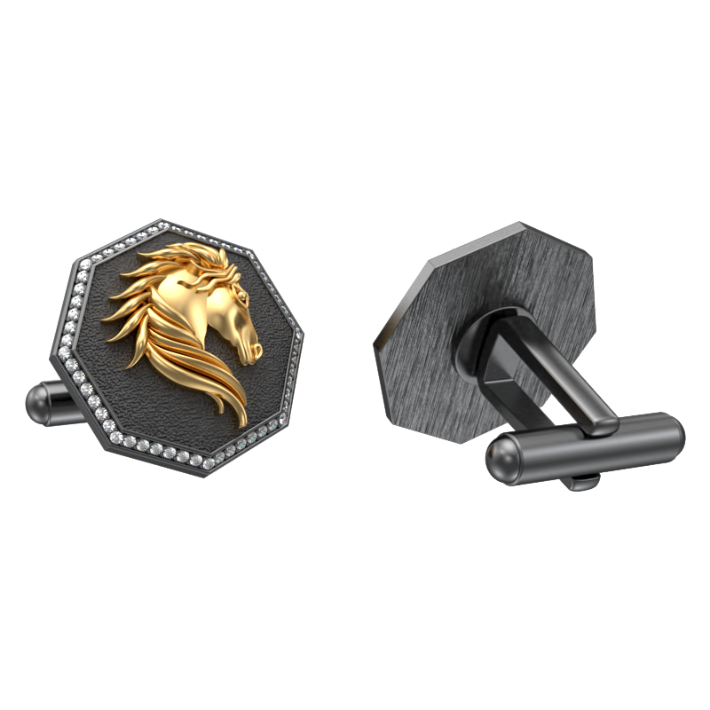 Horse Luxe, Wild Cufflink Set with CZ Diamonds, 18kt Gold & Black Ruthenium Plating on Brass.