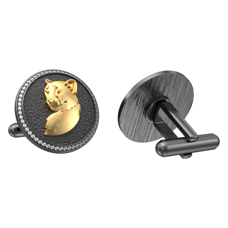 Leopard Luxe, Wild Cufflink Set with CZ Diamonds, 18kt Gold & Black Ruthenium Plating on Brass.