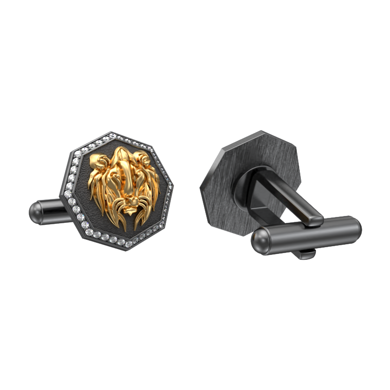 Lion Luxe, Wild Cufflink Set with CZ Diamonds, 18kt Gold & Black Ruthenium Plating on Brass