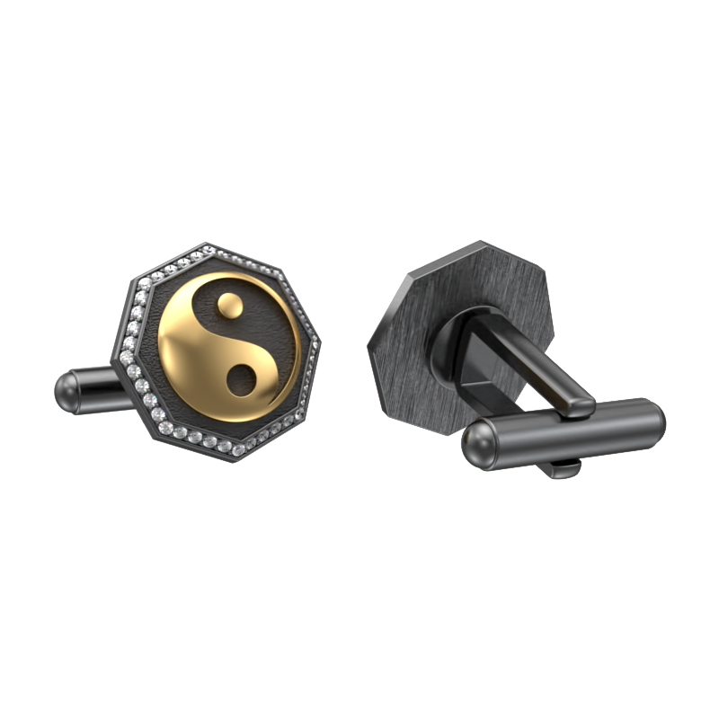 Ying Yang Luxe, Spiritual Cufflink Set with CZ Diamonds, 18kt Gold & Black Ruthenium Plating on Brass.