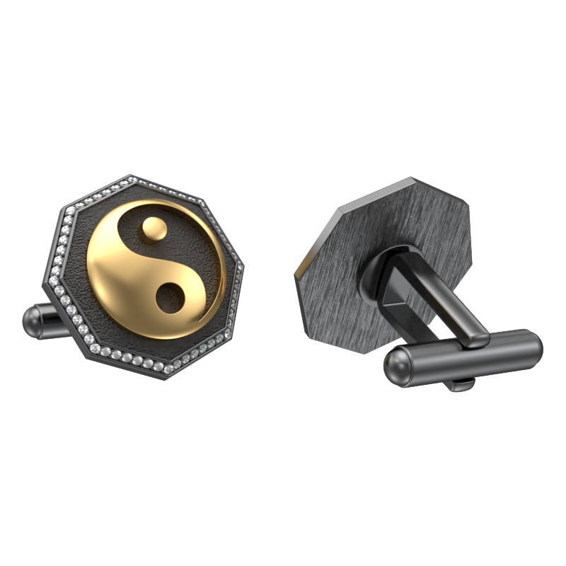 Ying Yang Luxe, Spiritual Cufflink Set with CZ Diamonds, 18kt Gold & Black Ruthenium Plating on Brass.