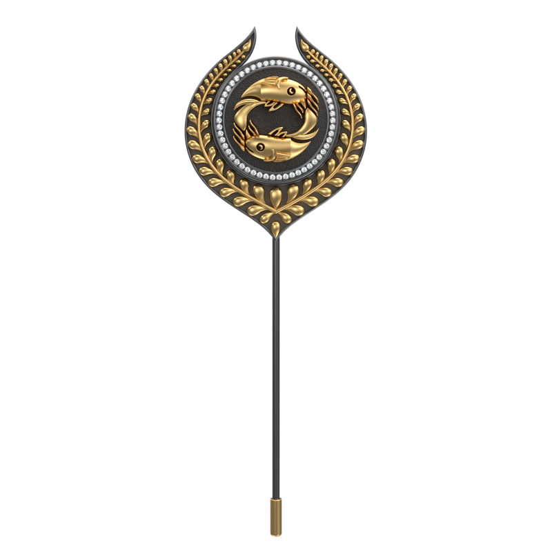 Pisces Zodiac Luxe, Leaf Constellation Lapel with CZ Diamonds, 18kt Gold & Black Ruthenium Plating on Brass.