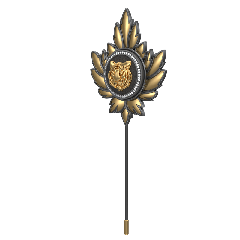 Tiger Luxe, Leaf Wild Lapel with CZ Diamonds, 18kt Gold & Black Ruthenium Plating on Brass.