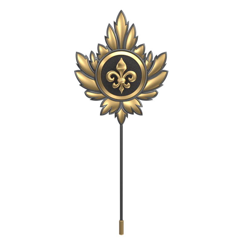 Fleur di lis, Maple Spiritual Lapel with 18kt Gold & Black Ruthenium Plating on Brass .