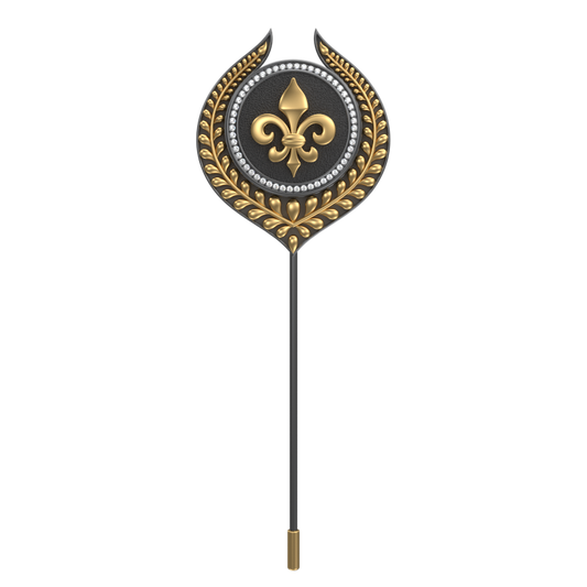 Fleur di lis Luxe, Leaf Spiritual Lapel with CZ Diamonds, 18kt Gold & Black Ruthenium Plating on Brass.