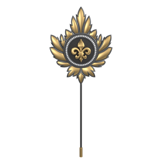 Fleur di lis Luxe, Maple Spiritual Lapel with CZ Diamonds, 18kt Gold & Black Ruthenium Plating on Brass.