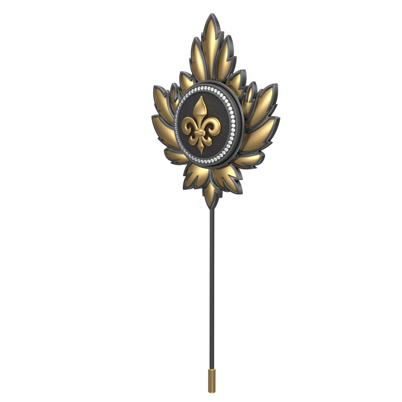 Fleur di lis Luxe, Maple Spiritual Lapel with CZ Diamonds, 18kt Gold & Black Ruthenium Plating on Brass.