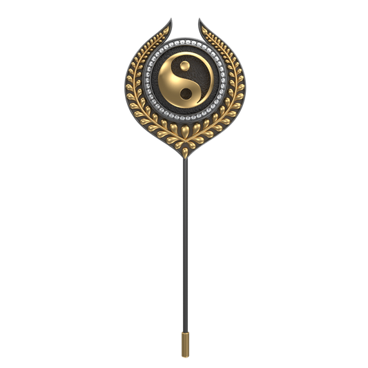 Ying Yang Luxe, Leaf Spiritual Lapel with CZ Diamonds, 18kt Gold & Black Ruthenium Plating on Brass.