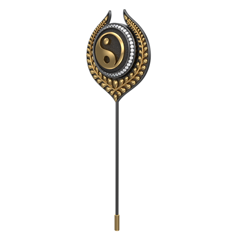 Ying Yang Luxe, Leaf Spiritual Lapel with CZ Diamonds, 18kt Gold & Black Ruthenium Plating on Brass.