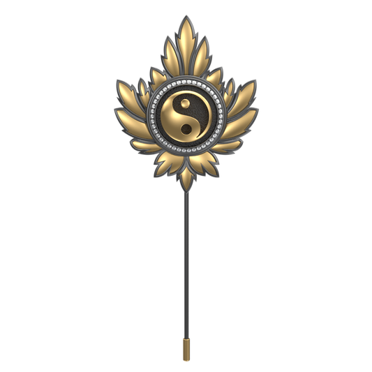 Ying Yang Luxe, Maple Spiritual Lapel with CZ Diamonds, 18kt Gold & Black Ruthenium Plating on Brass.