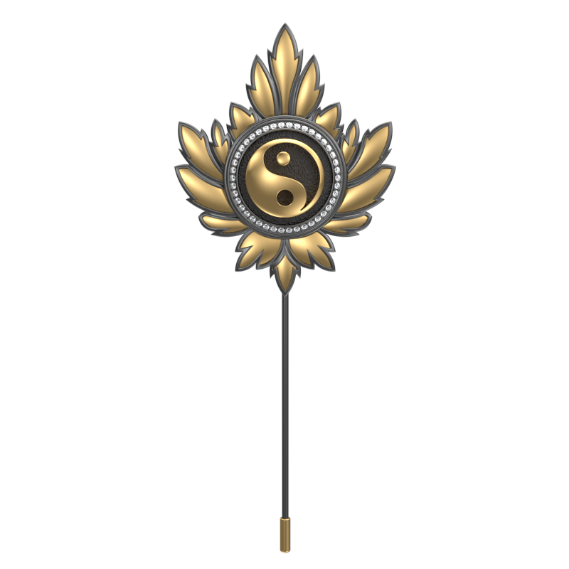 Ying Yang Luxe, Maple Spiritual Lapel with CZ Diamonds, 18kt Gold & Black Ruthenium Plating on Brass.