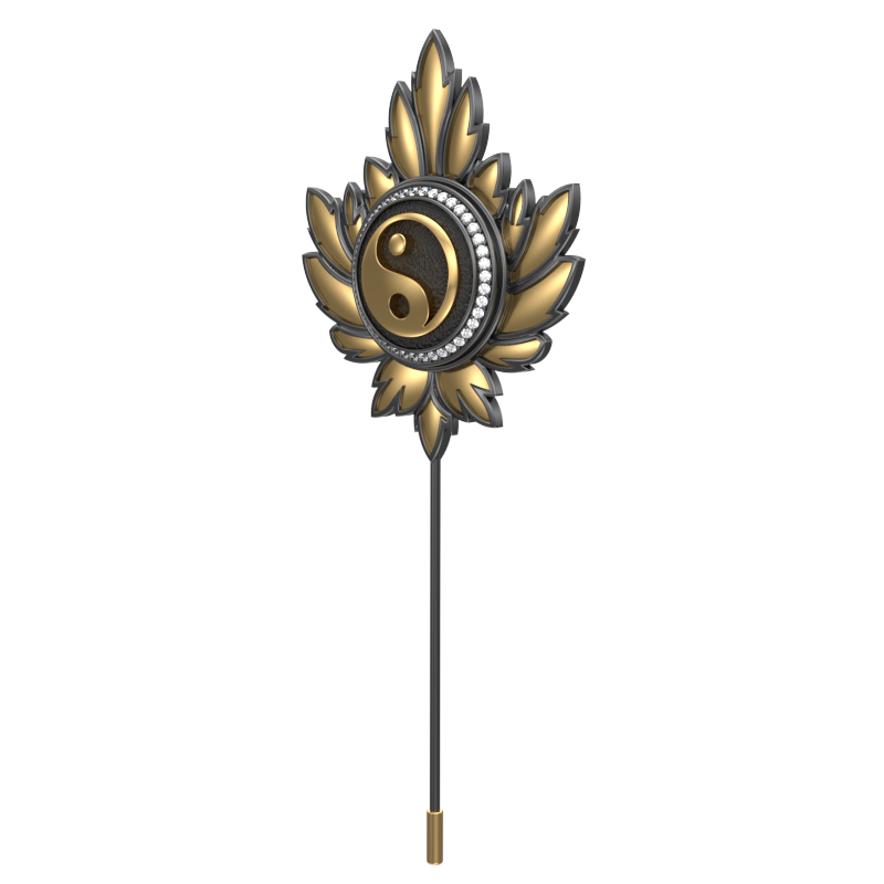 Ying Yang Luxe, Maple Spiritual Lapel with CZ Diamonds, 18kt Gold & Black Ruthenium Plating on Brass.