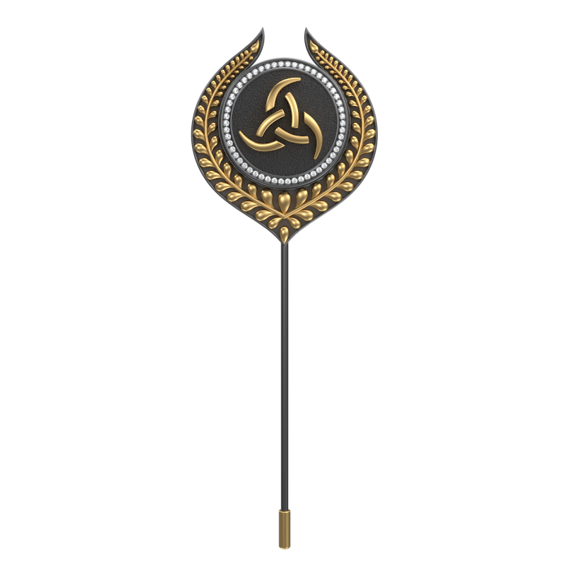 Odin Luxe, Leaf Spiritual Lapel with CZ Diamonds, 18kt Gold & Black Ruthenium Plating on Brass.