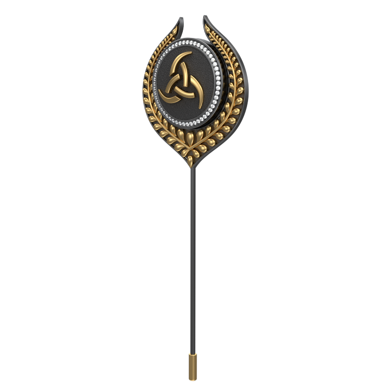 Odin Luxe, Leaf Spiritual Lapel with CZ Diamonds, 18kt Gold & Black Ruthenium Plating on Brass.