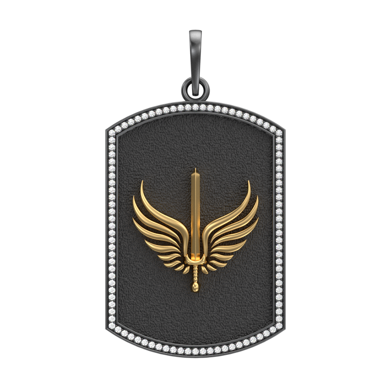 Viking Sword Luxe, Edgy Pendant with CZ Diamonds, 18kt Gold & Black Ruthenium Plating on Brass.